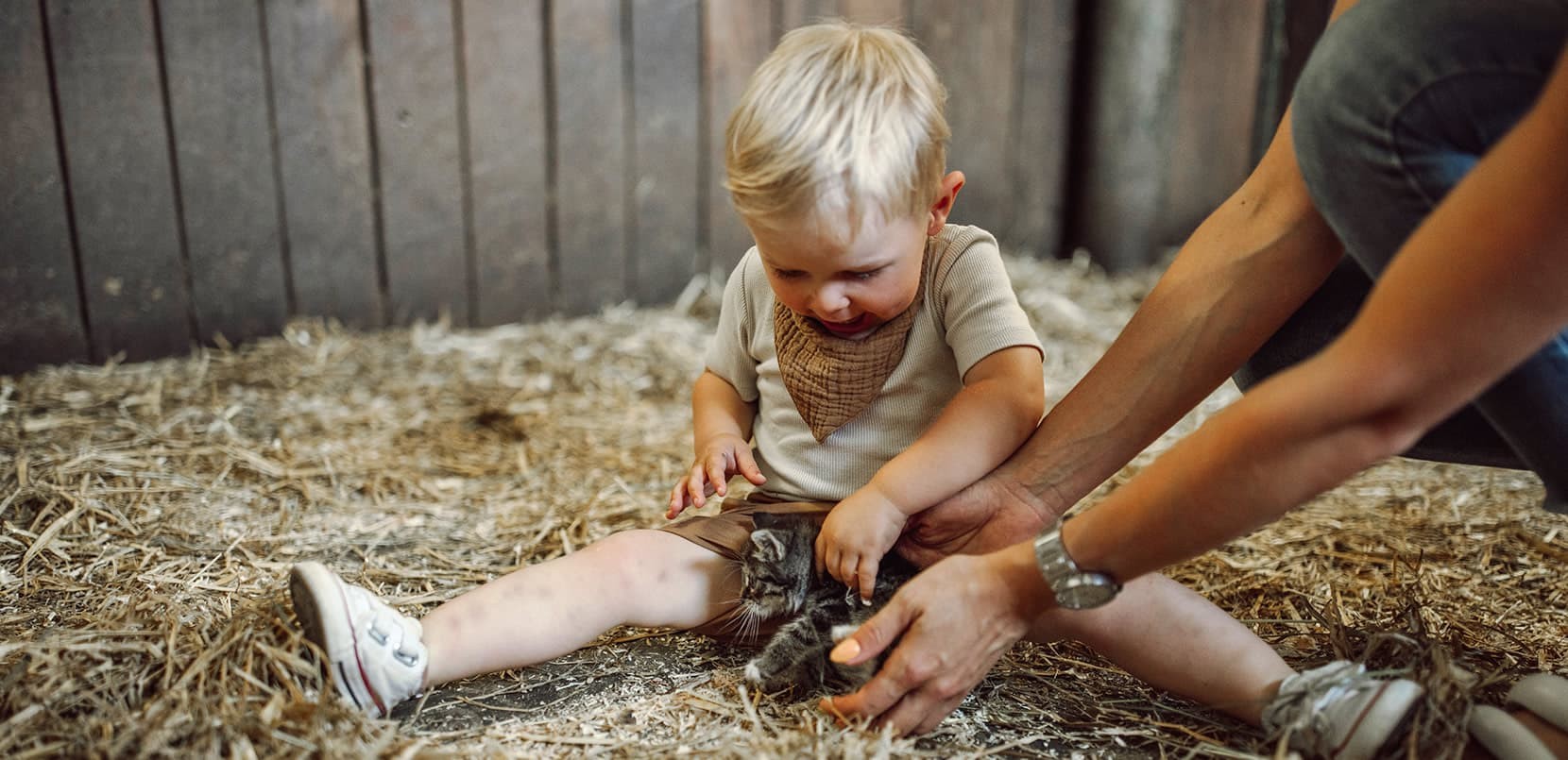 Kind spielt mit Kätzchen
